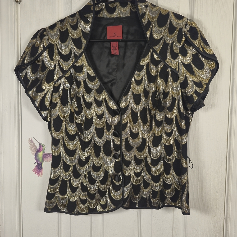 JS Collections Silk Blend Metallic Art Deco Scallop Top Black Gold 10